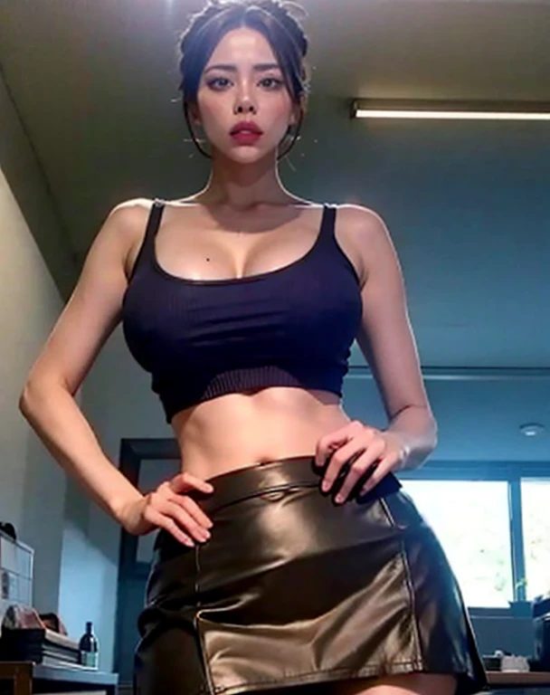 masterpiece:1.5, best quality:1.5, aesthetic, 1girl, sidelocks, cinematic lighting, sharp focus,large breasts , mature female, horny ,16k, glowing eyes, detailed 4k eyes, blushing,
playground,seduction,sexy lips, parted lips,detailed lips, high detailed background,((big purple eyes)), detailed face,shiny skin,
auntjunev3,auntjune,hair bun, bangs, messy hair,
Pink skirt, solo, brown hair, breasts, sleeveless, looking at viewer, large breasts, brown eyes, holding, black skirt, red top, stockings , indoors, short hair,hand on hip, pencil skirt, showing belly button