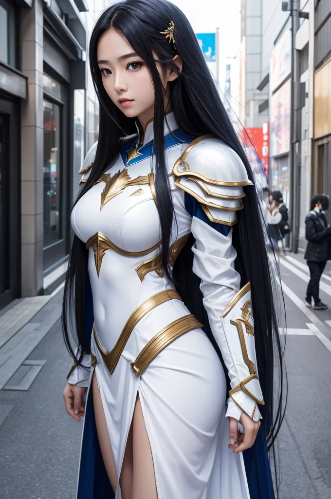 a young beautiful woman, kosmos,very_long_hair, 1girl, kosmos, solo, white_armor,best quality, ultra high res,tokyo fashion,