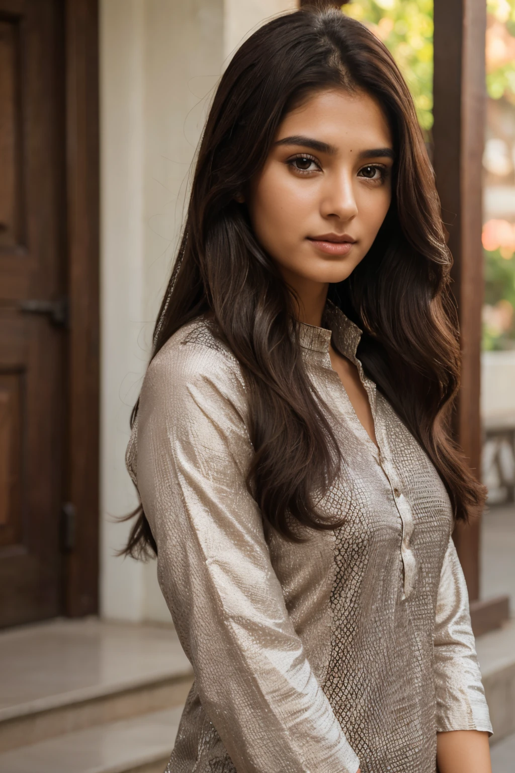 Beautiful ,23 years young girl healthy,confident looking,8k,realistic,dark brown hair,fair skin, indian,long hair,clear facial features,