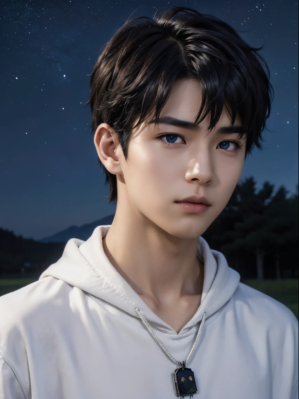 (photorealistic, masterpiece, 8K HD, good lighting quality, portrait, closing up on face, intricate details), a handsome young japanese boy, 15 years old, cute, wistful gaze, detailed face, detailed eyes, looking at the sky, wearing hoodie over shirt, necklace, blue eyes, (pale skin), slim build, black hair, smooth hair, hair bangs, wolf cut hairstyle, outdoors, twilight, stars, cosmical, dreamy world, surrealism, ethereal