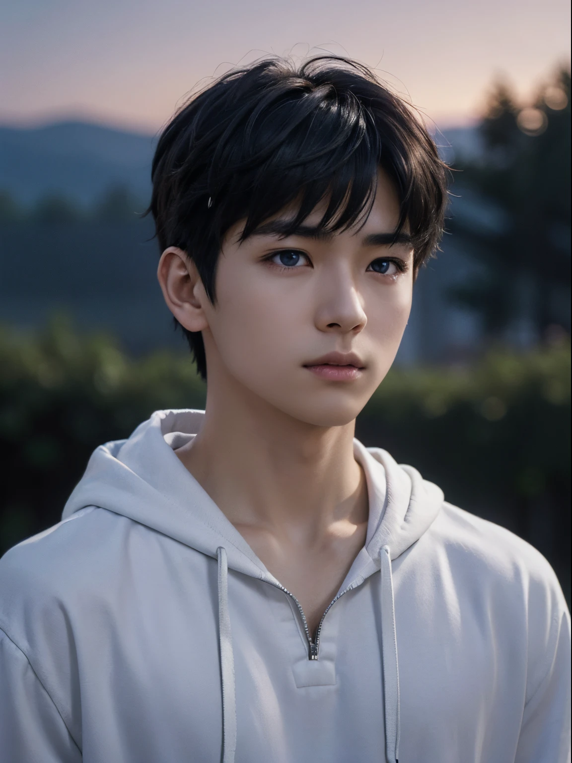 (photorealistic, masterpiece, 8K HD, good lighting quality, portrait, closing up on face, intricate details), a handsome young japanese boy, , cute, wistful gaze, detailed face, detailed eyes, looking at the sky, wearing hoodie over shirt, necklace, blue eyes, (pale skin), slim build, black hair, smooth hair, hair bangs, wolf cut hairstyle, outdoors, twilight, stars, cosmical, dreamy world, surrealism, ethereal