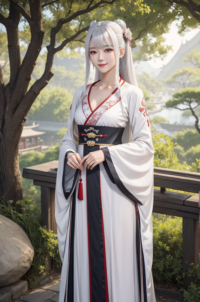 masterpiece, best quality, 1girl, solo, long hair, looking at viewer, smile, bangs, hair ornament, red eyes, long sleeves, dress, standing, collarbone, white hair, grey hair, alternate costume, wide sleeves, tree, chinese clothes, hairpin, hanfu, ningguang (genshin impact), Ningguang,