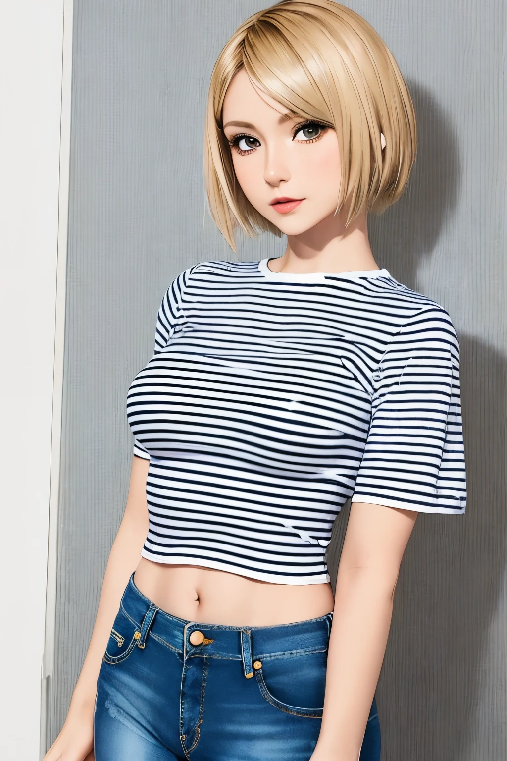 (wearing a striped shirt and tight jeans) (1Girl, short blonde hair that's cropped close to her head), sexy, beautiful