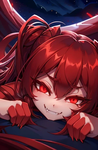 women, red head, night, laying on back, (sly smile), (lip bite), small breasts, fangs, spiral glowing red eyes, dripping blood, pigtails, red dress, long legs