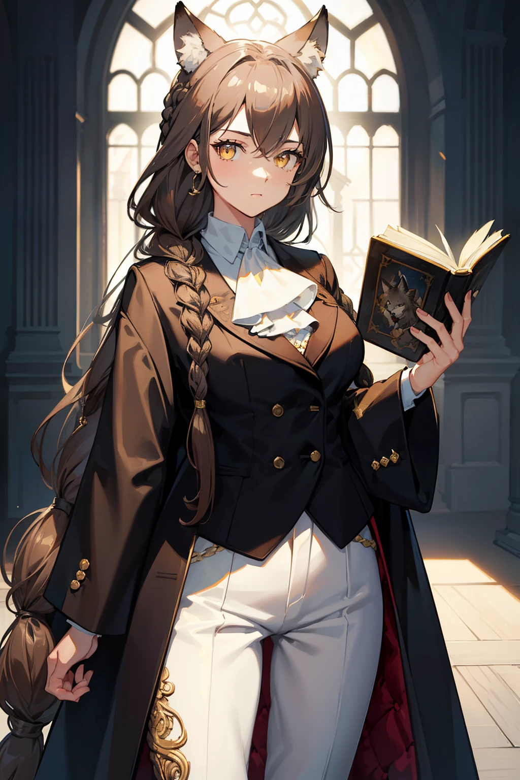 (best quality:1.3), (masterpiece:1.3), (illustration:1.3), (ultra-detailed:1.3), ((Best quality)), animal ears, wolf ears, extra ears, long hair, brown hair, wolf girl, yellow eyes, ascot, white ascot, hair between eyes, closed mouth, jewelry, bangs, large breasts, indoors, standing, serious expression, white long pants, black suit, coat, mature, holding a book, tall, braid, french braid, elegant