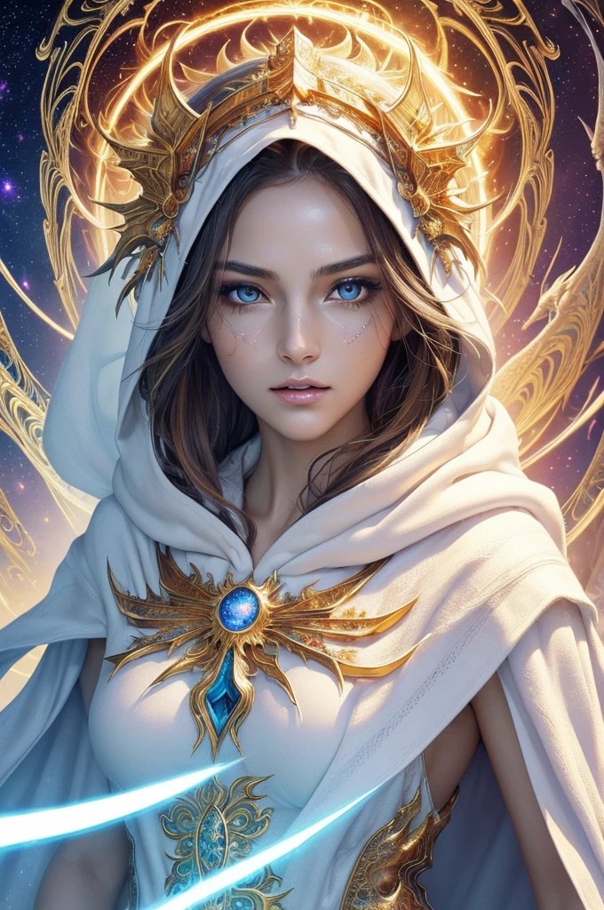(masterpiece, top quality, best quality, official art, beautiful and aesthetic:1.2), (1girl), extreme detailed eyes, (fractal art:1.3), colorful, highest detailed, (perfect face), shiny skin, HDR, (white cloak golden lines:1.2), galaxy, (light streaks), striking visuals, (dynamic streaks, luminous trails:1.2), vibrant colors, (phoenix), (dragon)