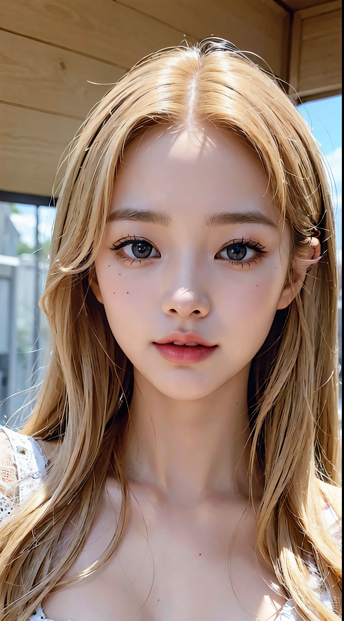 ((a blond、Medium Hair、curlyhair、With bangs⦆、((Selfie 1.6))⦅smile1.6⦆、Raw photography、⦅middlebreasts⦆、the front、close - up face、⦅Looking at the camera⦆、(((Portrait of extreme beauty)))、1人、Beautiful 20 year old woman in Japan、bright expression、Glossy glossy skin、eye liner、Beautiful bangs、Hair between the eyes、((masterpiece、top-quality、ultra-detailliert、intricate-detail、hight resolution、ighly detailed))、细致背景、8KUHD、Digital SLR、In the apartment