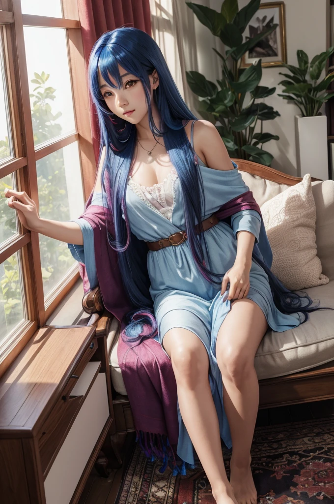 (Masterpiece, Best Quality: 1.2), (Highres: 1.1), (Highest Quality), (Master's Work), Facing Viewer, Dynamic Angle, Sky, Cloud, (1loli, Solo Focus: 1.4), Cute, Ornament, (Jewelry: 0.75), (Blush: 0.9), (Strap: 0 .9), barefoot, living room, sofa, window, curtains, dappled sunlight, potted plants, table, cabinet, bookcase, lamp, ahoge, (shawl, long hair, ruby colored hair, blue inner hair, shiny hair, shiny skin: 1.1),