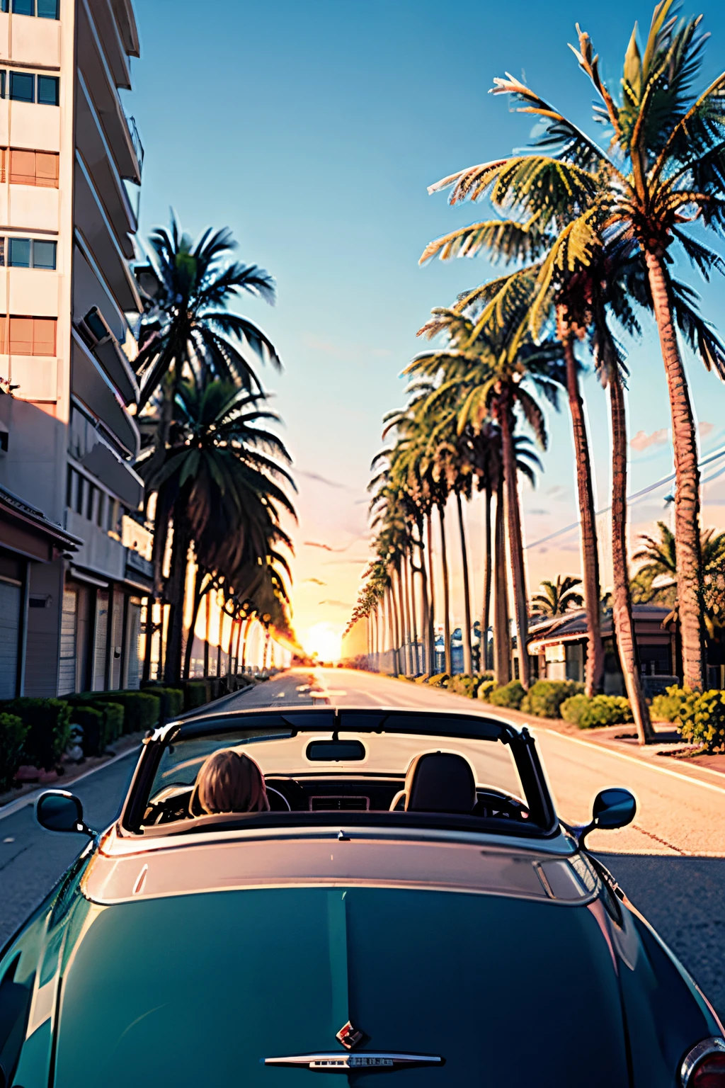 Classic convertible dodge driving down highway with palm trees alongside, beachfront on the left and apartment builings on the right, pink/blue sunrise