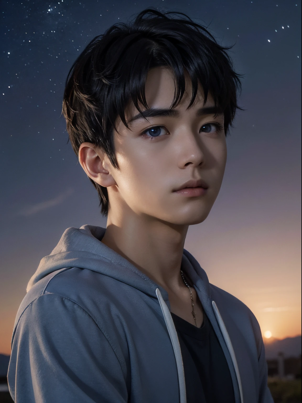 (photorealistic, masterpiece, 8K HD, good lighting quality, portrait, closing up on face, intricate details), a handsome young japanese boy, , cute, wistful gaze, detailed face, detailed eyes, looking at the sky, wearing hoodie over shirt, necklace, blue eyes, (pale skin), slim build, black hair, smooth hair, hair bangs, shoulder length hair, outdoors, twilight, stars, cosmical, dreamy world, surrealism, ethereal