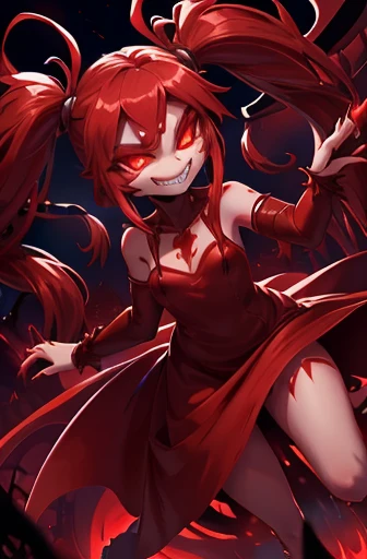 women, red head, night, (sly smile), (lip bite), dark alley, small breasts, fangs, glowing red eyes, ((red liquid)), pigtails, demonic body suit, ((visible ribcage)), crawling from shadows, clawed gauntlet reaching out,