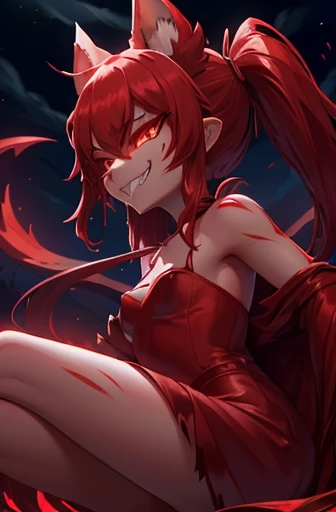 women, red head, night, (mouth open), (teeth), dark alley, small breasts, fangs, glowing red eyes, pigtails, demonic bare skin, ((visible ribcage)), demonic clawed gauntlet reaching out,