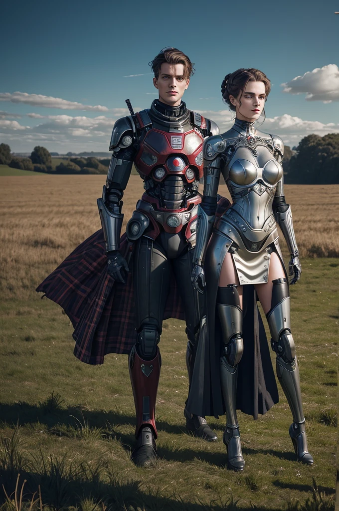 there is a woman standing next to a robot in a field, vogue italia, tartan garment, classical animation, scott robertson, two models in the frame, victorian photograph, two women, cyborg warrior