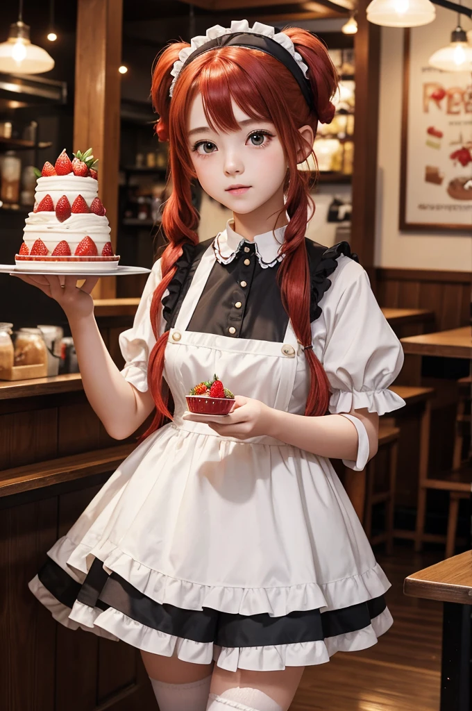 Promotional photo, the place is a coffee shop, 1 girl, 16-year-old face, waitress carrying cake to the table, red-haired twin tails, gentle face, half costume of gothic ta and maid costume with the image of strawberries, clothes based on white,