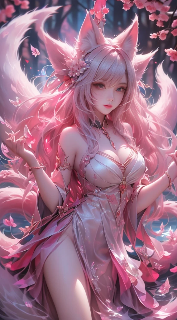(Fox ears white hair girl,Full body lesbian,dynamicposes),tmasterpiece,beautiful detail and color,exquisite detailing,Exquisite,The details are complicated,Oooooh, Oh, really,ultra real photo,A girl and a white-haired fox sit on a branch:1.1,Fox ears white hair girl,(,Lop,Raised sexy,Attractions,obsessed,),Ethereal Fox,nine tail fox,The fox has the fighting posture of a nine-tailed fox,combat scene,afloat,Red heart-shaped magic ball:1.3),onmyoji detailed art,Nine tails,A beautiful artistic illustration,mythological creatures,Red Fox,Beautiful digital artwork,Beautiful digital illustration izutsune , Inspired by the mythical creature wildnet,Digital art on Pixiv,strong lights,hight contrast,Horror movie theme,Dark atmosphere,Fighting posture