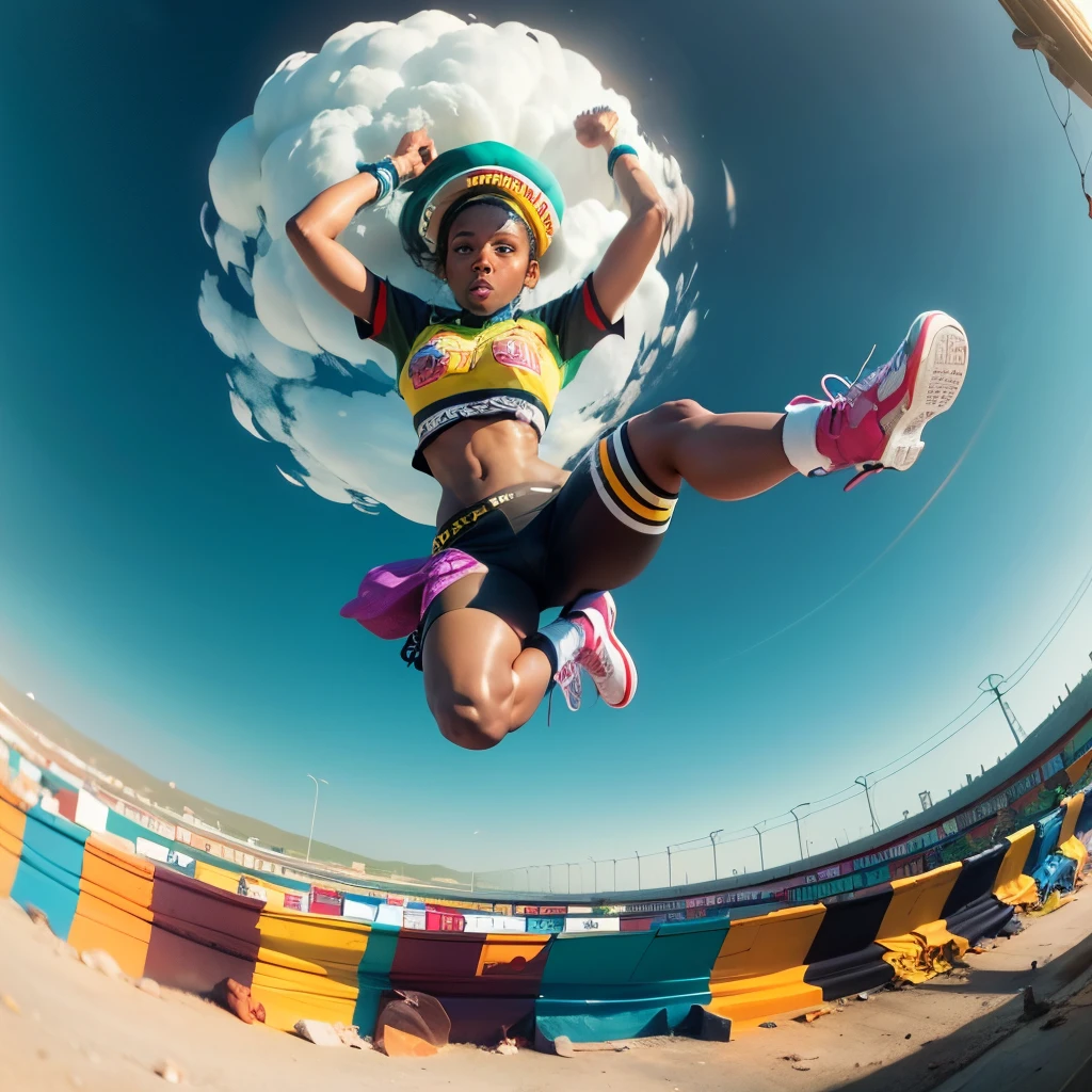 Step into a visually descriptive and detailed world with a fisheye lens 2.0 view of an African woman in a colorful hiphop outfit, her cap adding a touch of street style as she jumps from the ground, the bursting colors beneath her feet creating a stunning and unique image. --auto --s2
