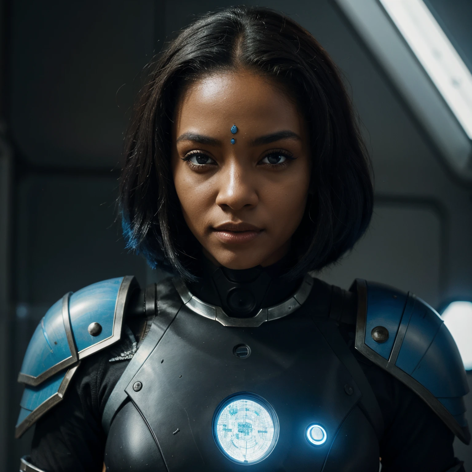 grandes olhos negros, aura, Cabelos longos ondulados loiros& Sci-Fi Blue Armor, science fiction style, Hiqualidade, vibrancy, Foi