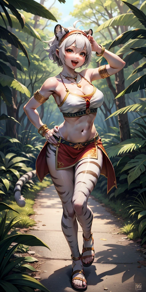 standing straight symmetrical, full body ON WHITE BACKGROUND a woman, (hi reasterpiece)) , ((best quality)), illustration, furry, ((white tiger)), 1girl, armband, bracelet, breasts, feathers, forest,hairband, jewelry, looking_at_viewer, medium_breasts, merukizedeku, midriff, nature, navel, necklace, open_mouth, sandals, shin_sangoku_musou, solo, tribal, upper body, short hair, two-tone hair, claw pose