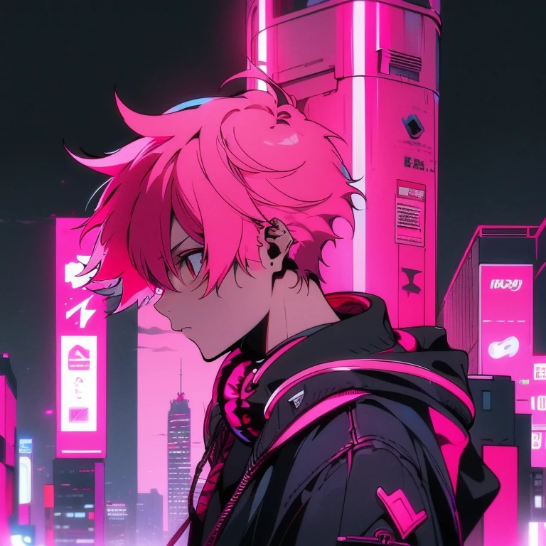 (short-cut), (Two-block hair), (vivid pink hair), (male character), (Red Eyes), (Cool pose), (of the highest quality), (masterpiece), (ultra-detailliert), (Oversized hoodies), (headphones), (Street), (neons), (Camera from a down angle), (Modern City), (Neon Daylight), (Cinematic), (Stylish), (hight resolution), (Hyper Detailed), (Looking at the camera), (Anime-style), (Softtown), (nightcore), (a handsome man), (Listening to music), (natural appearance of the building), (casual), (ig studios anime style), (pink tie), (Black Y-shirt)