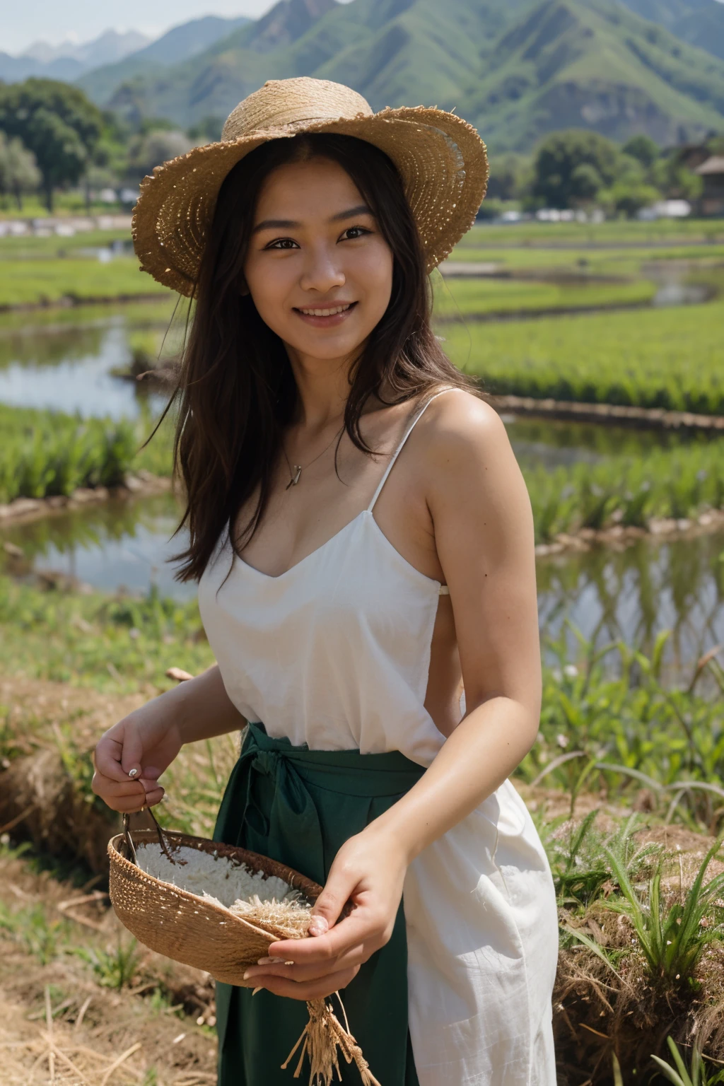 A beautiful Asian woman is harvesting rice in a rice field in the morning. She is sweating from the heat, but she is smiling and determined. She is wearing a traditional Asian dress and a straw hat. She is using a sickle to cut the rice stalks.
In the background, there is a lush green rice field, a herd of buffalo grazing, a flock of birds flying overhead, and a mountain range in the distance. There are also wildflowers blooming in the field.