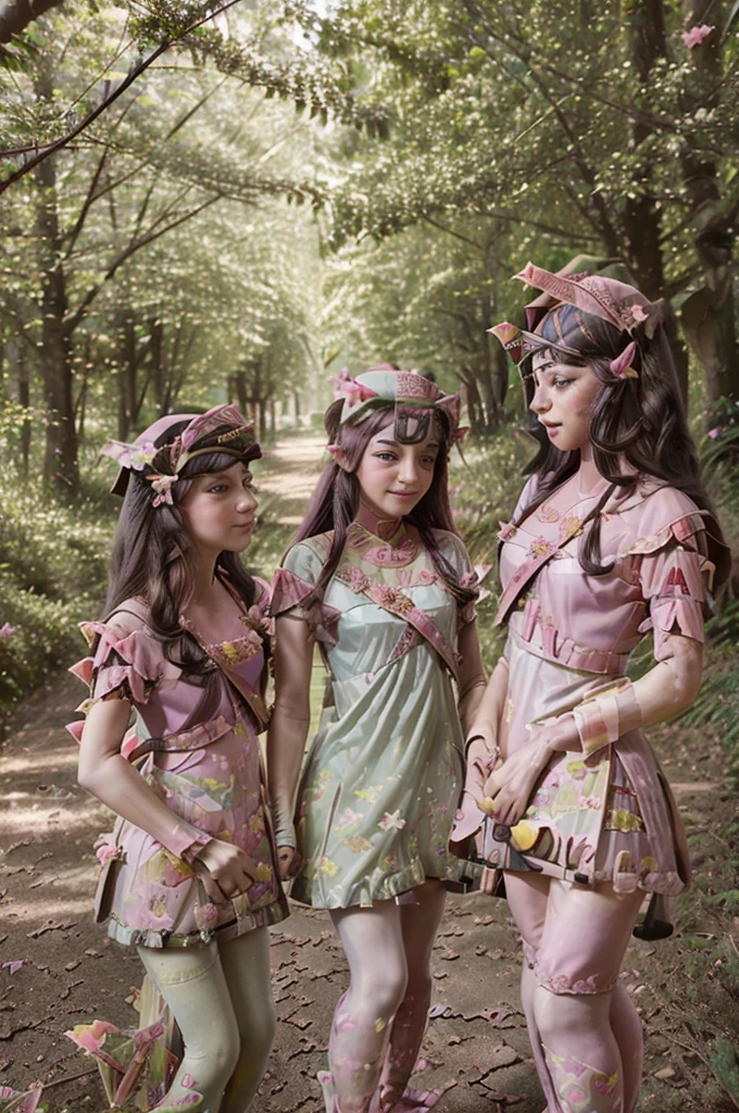 Vision, (three Lolitas: 2) Stable diffusion is the best image quality, morning sunshine, spring scenery, dew and flowers, flying hair, living in a dreamland of mushrooms and fairy tales, traveling, running, and laughing. forest path