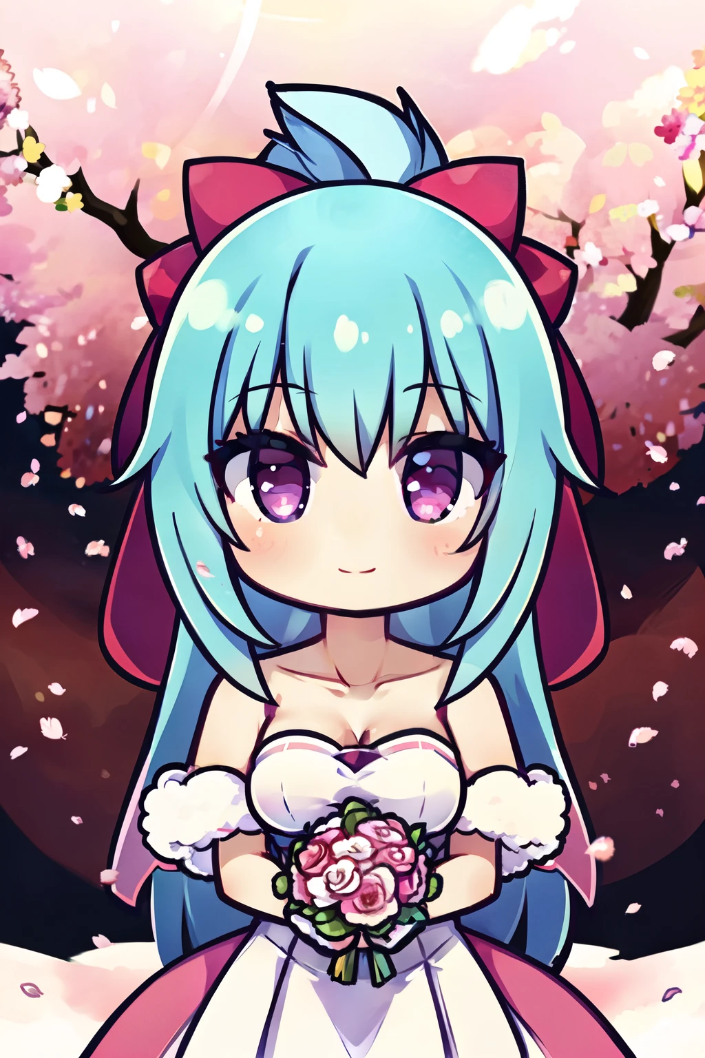 1 girl,  Long aqua hair and high ponytail, purple eyes with slit pupils, Small breasts, ​master piece, Best Quality,  Proportional body, Proportional, Wedding Dresses, white wedding dress, Long skirt, Wedding, Under the cherry blossom tree background, Cherry blossom petals are falling, plein air, Wedding, Upper body, The sky is beautiful, Both hands hold a bouquet of flowers, White Gloves, Make eye contact with the camera,  (light_Smile:1.5), (Detailed hands and fingers:1.2)