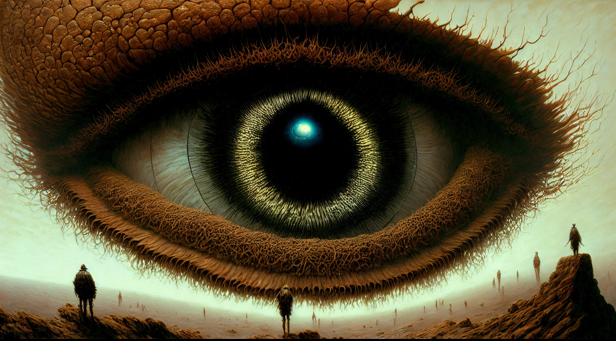 a big eye breaking out of stone, picese of stone are flying everywhere, fantasy, dark sky, high quality, detailed face, beautiful eyes