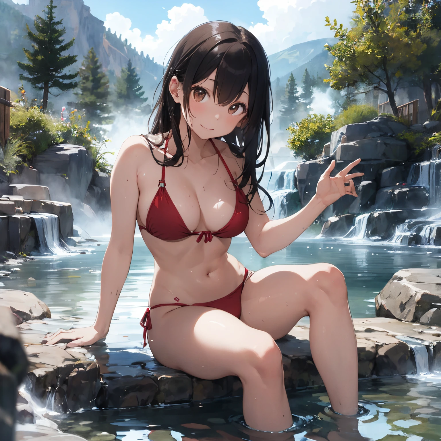 Realistic background blur that looks like it was taken with a high-performance camera.、Please provide high quality illustrations.......。A beautiful girl soaking in a hot spring with a relaxed expression.、The steam rising from the bathtub is beautifully depicted........。Attention to detail in hair and skin、Enjoy the natural texture。To convey the atmosphere of a hot spring area、Please draw the surrounding scenery and hot spring facilities........。Highlight that the beautiful girl is wearing a red bikini。。、Please draw an illustration that takes advantage of her charm........。"