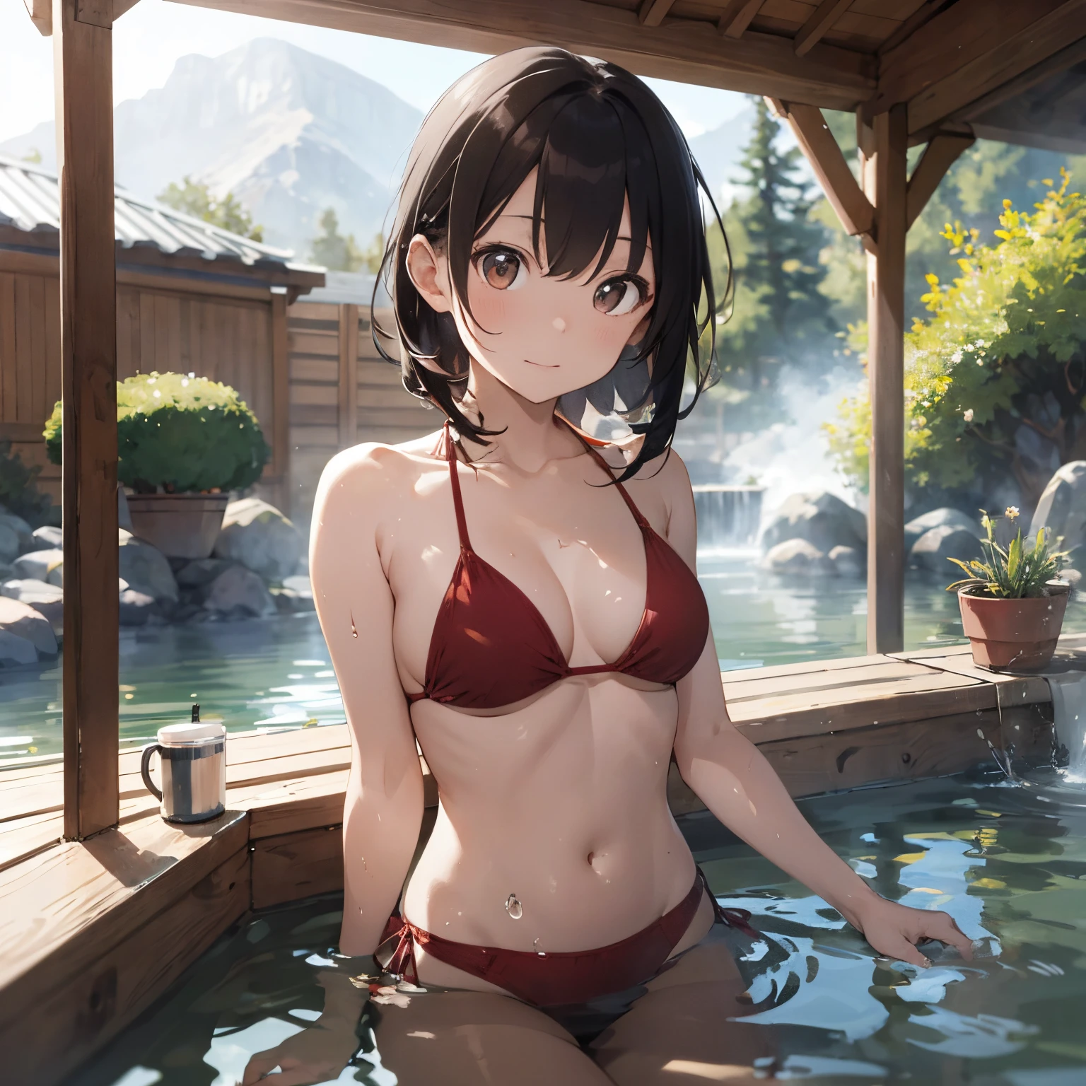 Realistic background blur that looks like it was taken with a high-performance camera.、Please provide high quality illustrations.......。A beautiful girl soaking in a hot spring with a relaxed expression.、The steam rising from the bathtub is beautifully depicted........。Attention to detail in hair and skin、Enjoy the natural texture。To convey the atmosphere of a hot spring area、Please draw the surrounding scenery and hot spring facilities........。Highlight that the beautiful girl is wearing a red bikini。。、Please draw an illustration that takes advantage of her charm........。"