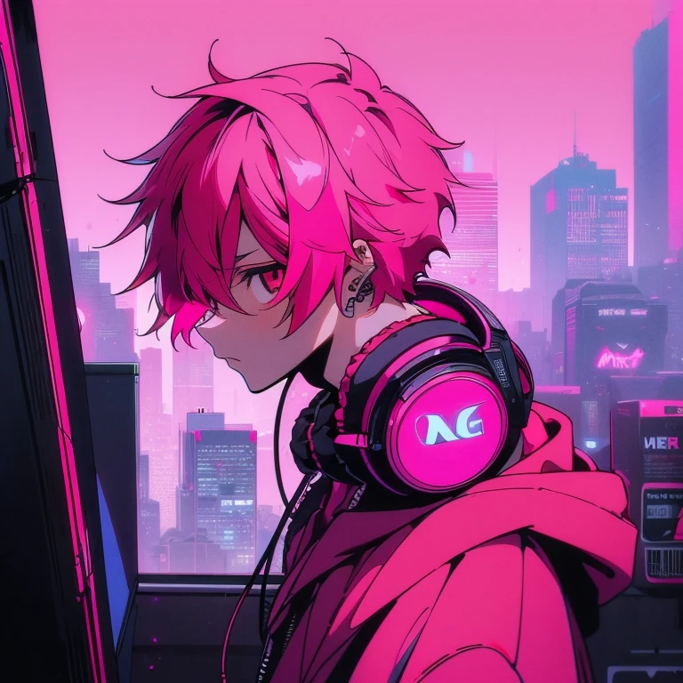 (short-cut), (Two-block hair), (vivid pink hair), (male character), (Red Eyes), (Cool pose), (of the highest quality), (​masterpiece), (ultra-detailliert), (Oversized hoodies), (headphones), (Street), (neons), (Camera from a down angle), (Modern City), (Neon Daylight), (Cinematic), (Stylish), (hight resolution), (Hyper Detailed), (Looking at the camera), (Anime-style), (Softtown), (nightcore), (a handsome man), (Listening to music), (natural appearance of the building), (casual), (ig studios anime style), (Daisuke Dimension),