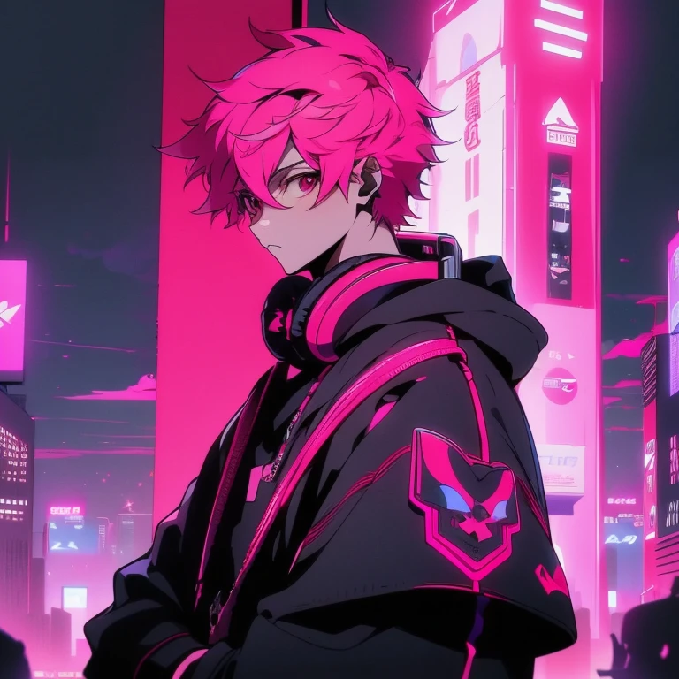 (short-cut), (Two-block hair), (vivid pink hair), (male character), (Red Eyes), (Cool pose), (of the highest quality), (​masterpiece), (ultra-detailliert), (Oversized hoodies), (headphones), (Street), (neons), (Camera from a down angle), (Modern City), (Neon Daylight), (Cinematic), (Stylish), (hight resolution), (Hyper Detailed), (Looking at the camera), (Anime-style), (Softtown), (nightcore), (a handsome man), (Listening to music), (natural appearance of the building), (casual), (ig studios anime style), (Daisuke Dimension),