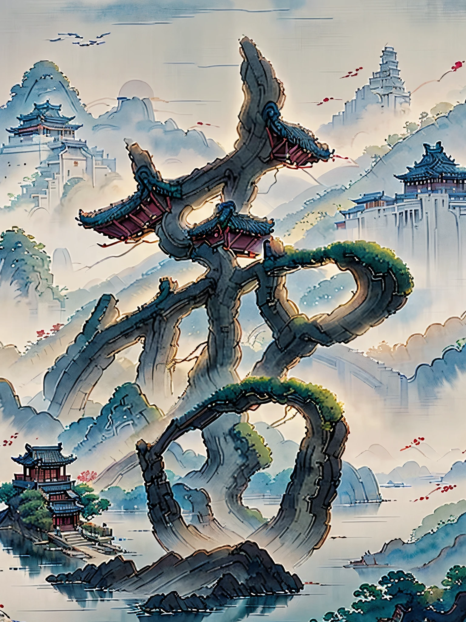 (Depth of field effect) (Chinese ancient architecture group on isolated island), (Tower, Building) (Pavilion, miscellaneous trees, Clouds, green trees, maple trees, red trees, small stones, small birds), Chinese watercolor style, (Chinese painting style), Chinese
landscapes, Traditional Chinese watercolor paintings, Chinese paintings, watercolor
8K, (reflections), clear boundaries between light and shadow, light and shadow, light
and shadow effect, masterpiece, super details, epic work, ultra high definition, high
quality, very detailed, official art, unified 8K wallpaper, super details，Contrast between
light and dark