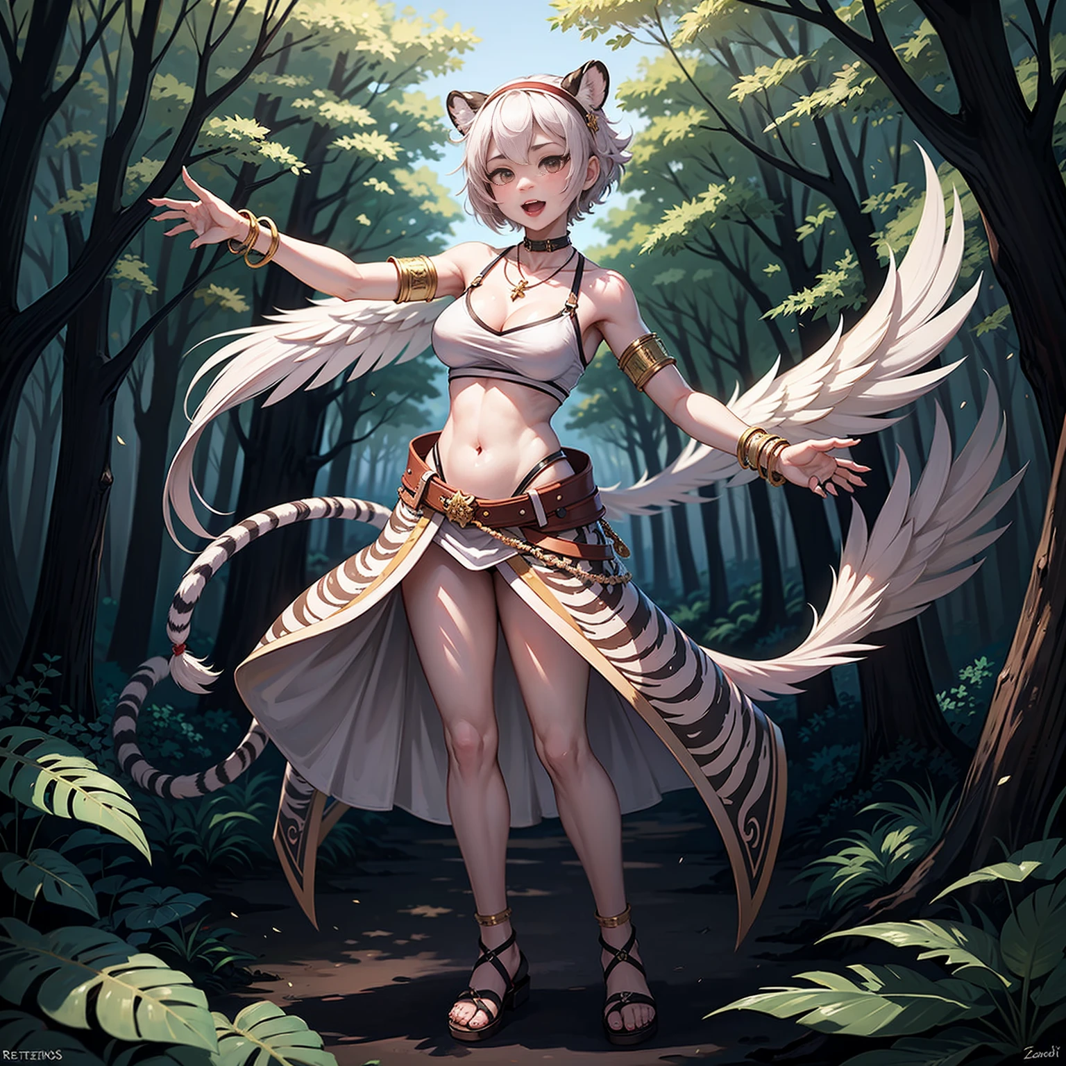 standing straight symmetrical, full body ON WHITE BACKGROUND a woman, (hi reasterpiece)) , ((best quality)), illustration, furry, ((white tiger)), 1girl, armband, bracelet, breasts, feathers, forest,hairband, jewelry, looking_at_viewer, medium_breasts, merukizedeku, midriff, nature, navel, necklace, open_mouth, sandals, shin_sangoku_musou, solo, tribal, upper body, short hair, two-tone hair, claw pose