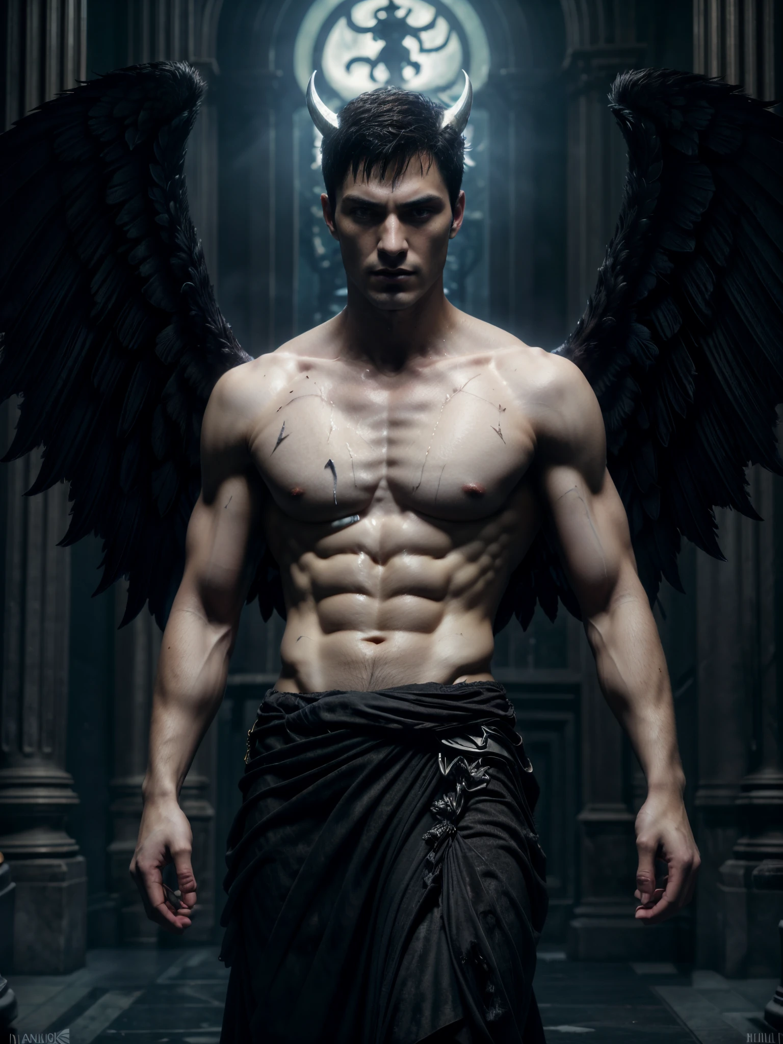 ((masterpiece)),((bestquality)),8k, high detailed, ultra-detailed, Stylish Pose, real skin texture, cinematic lighting, 21 year old male model, handsome, cute looking, (evil look:1.4), (black demon horns), white pale skin, blue eyes, short brown messy hair, strong jawline, masculine, defined fit body, muscular, (shirtless:1.5), pantless hairless chest, evil dark aesthetic. gothic architecture, hellfire ground, (black massive huge angel wings:1.3), spartan loincloth, male skirt, dim light, dark atmosphere, cinematic lighting, backlight, Depth of field, award-winning photography, elegant, hyperrealistic, octane render, unreal, high definition, 8k resolution, highly detailed, 8k uhd, professional lighting, photon mapping, radiosity, physically-based rendering