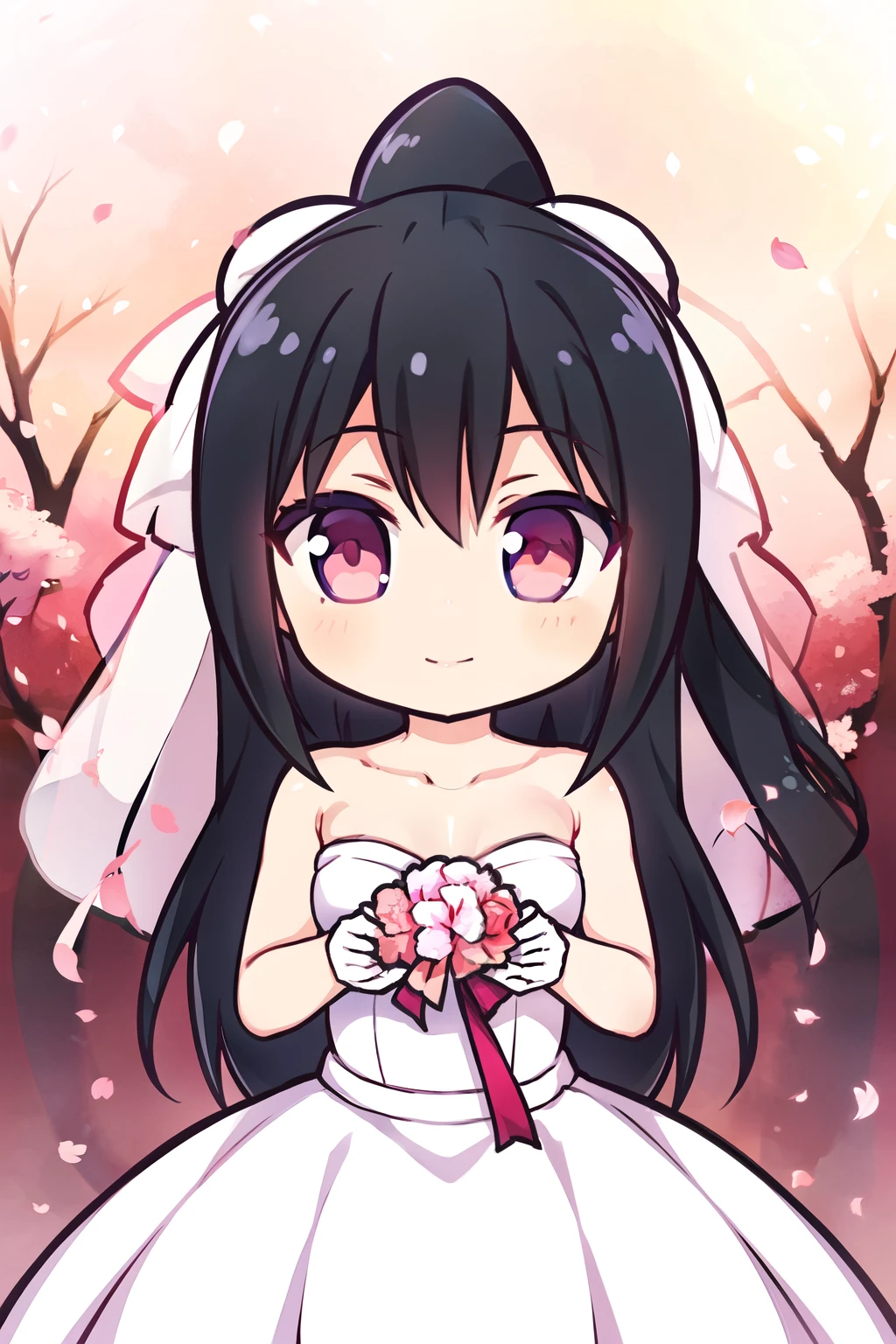 1 girl,  Long black hair and high ponytail, black eyes with slit pupils, Small breasts, ​master piece, Best Quality,  Proportional body, Proportional, Wedding Dresses, white wedding dress, Long skirt, Wedding, Under the cherry blossom tree background, Cherry blossom petals are falling, plein air, Wedding, Upper body, The sky is beautiful, Both hands hold a bouquet of flowers, White Gloves, Make eye contact with the camera,  (light_Smile:1.5), (Detailed hands and fingers:1.2)