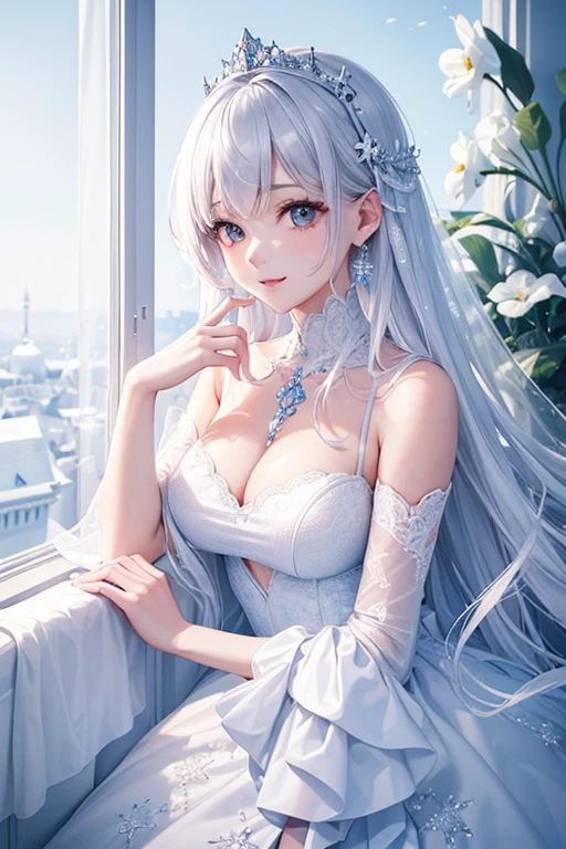 Best Quality, masutepiece,(high-detail skin: 1.2), 8K UHD, Digital SLR, Soft lighting, High quality, Candid, Photography, High resolution, 4K, 8K, Princess,Luxurious white dress,yuki,Ice Castle