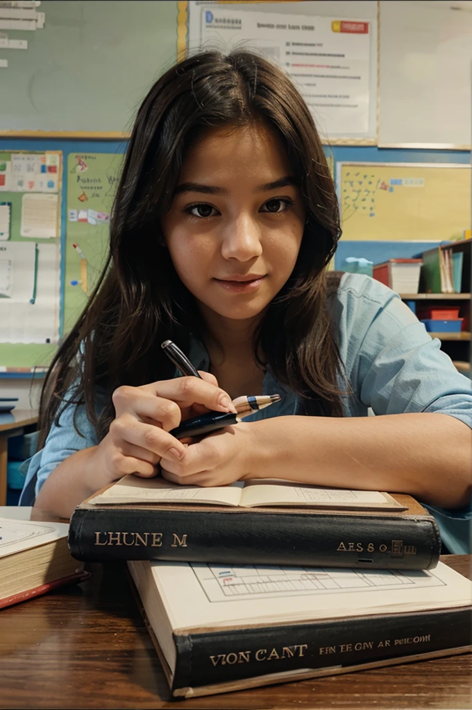 Open books, pens,hands, illustrations,Close-up screen,classroom background