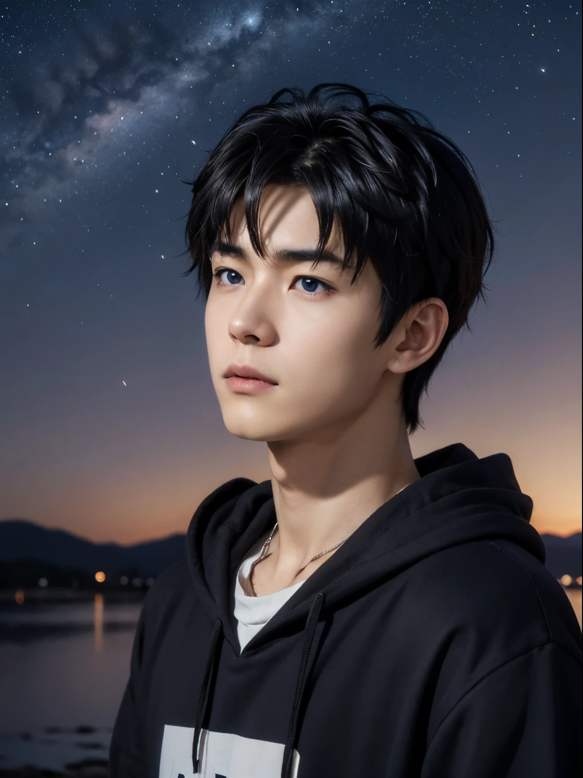 (photorealistic, masterpiece, 8K HD, good lighting quality, portrait, closing up on face, intricate details), a handsome young japanese boy, , cute, wistful gaze, detailed face, detailed eyes, looking at the sky, wearing hoodie over shirt, necklace, blue eyes, (pale skin), slim build, black hair, smooth hair, hair bangs, relatively long hair, outdoors, twilight, stars, constellation, cosmical, dreamy world, surrealism, ethereal