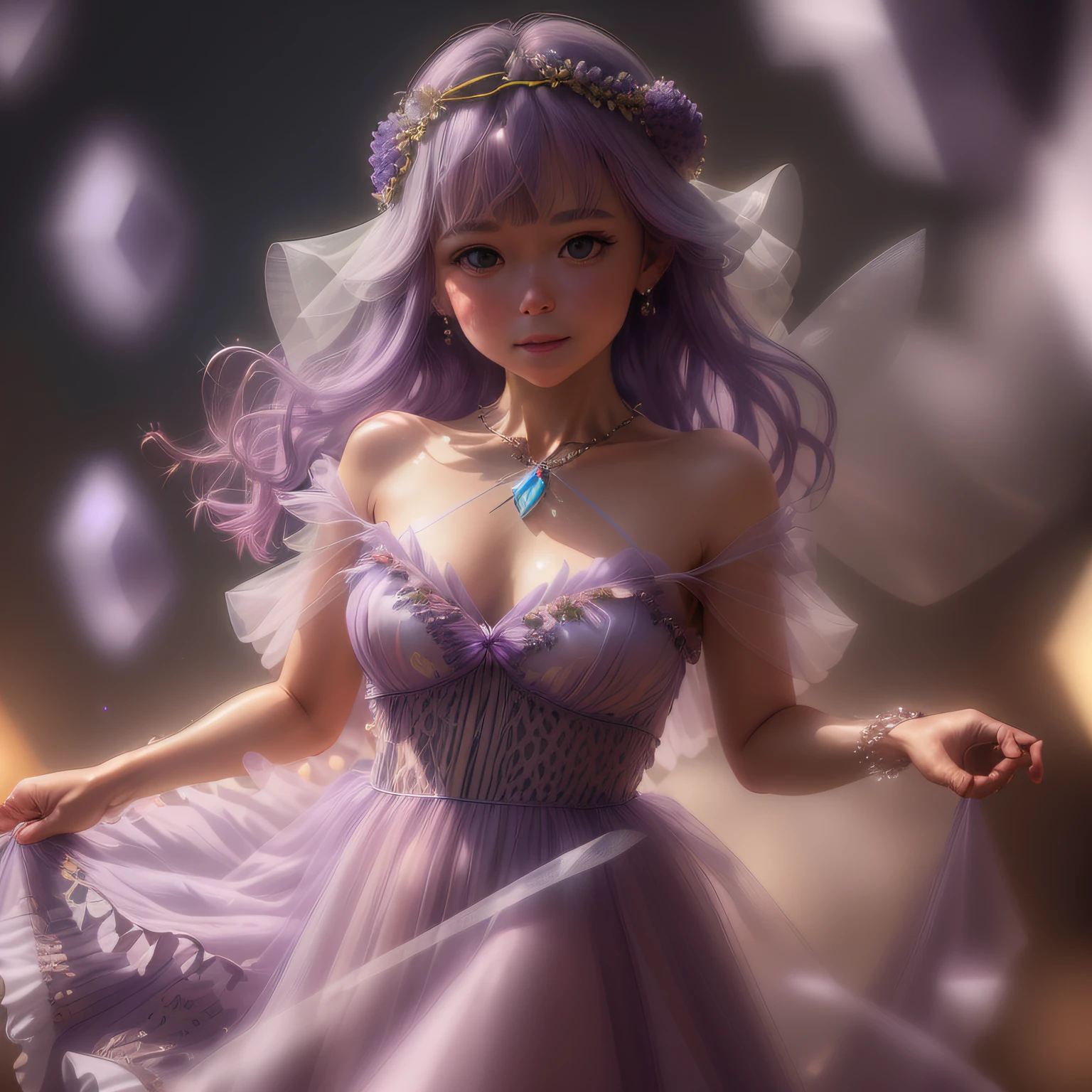 RAW photogr,8k ultra high definition,SLR camera,gentlesoftlighting,high qulity,filmgrain,XT3,Close up low angle shot of beautiful faceted transparent lavender crystal dress,girl wearing crystal,View from the dress,film photo,18mmF/11 photos,cinematic ligh,bokeh,professional,4K,The is very detailed,Colorful,