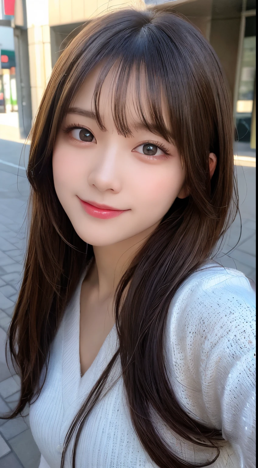 masutepiece, Best Quality, Illustration, Ultra-detailed, finely detail, hight resolution, 8K Wallpaper, Perfect dynamic composition, Beautiful detailed eyes, fluffy winter clothes,Medium Hair,Small breasts natural color lip, Bold sexy poses,Smile,Harajuku、20 years girl、Cute、Sexy shot looking at camera,Blur the background,Perfect and beautiful face,Take only the face