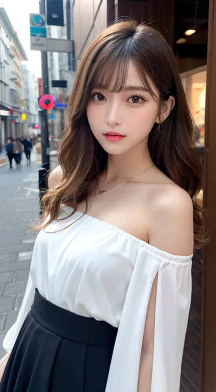 masutepiece, Best Quality, Illustration, Ultra-detailed, finely detail, hight resolution, 8K Wallpaper, Perfect dynamic composition, Beautiful detailed eyes, Tight Dress, Medium Hair,Brown hair color ,Small breasts, Natural Color Lip, Random and sexy poses,Random situations,Slender body,Slender face,Face that feels ecstasy,Have a feminine face,A seriously trembling face,Sexy face, (masutepiece:1.3), High resolution, ultra-detailliert, the Extremely Detailed CG Unity 8K Wallpapers, Realistic, Photorealsitic, Raw photo, beautifull detailed face, pale skin, realistic glistening skin, Detailed Cloth Texture, detailed hair texture, Perfect body, Beautiful face, 准确, Anatomically correct, Highly detailed face and skin texture, Natural neck length, (beautiful hand air skin:1.2), thin legs, Thin feet,
BREAK,
Detailed eyes, symmetrical eye, Light brown eyes, Double eyelids, Thin eyebrows, (Glossy lips:1.4), ((Waiting for a kiss:1.2)), (blush:1.1),
BREAK,
(Classy and cute girl:1.3), (Wearing a classy off-shoulder white blouse), (Orange flared skirt:1.2),
medium breasts, (Slender figure:1.1), Firm abs, Beautiful collarbone,
(Dark blonde hair, Wavy Hair, Long hair:1.3), ((asymmetrical bangs:1.2)), (upperbody shot:1.2), Looking at Viewer, (From above:0.65),
BREAK,
((Stand close to me、Reach out to the front:1.3)), (She said I would wait in front of the station at 10 o'clock),
(in a cafe), ((In a stylish store on Aoyama Street)),KPOP Idol Face,Cute