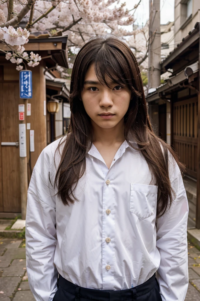 1boy, upper body, expressionless, japanese clothes, long hair, solo, cherry blossoms, looking at viewer,