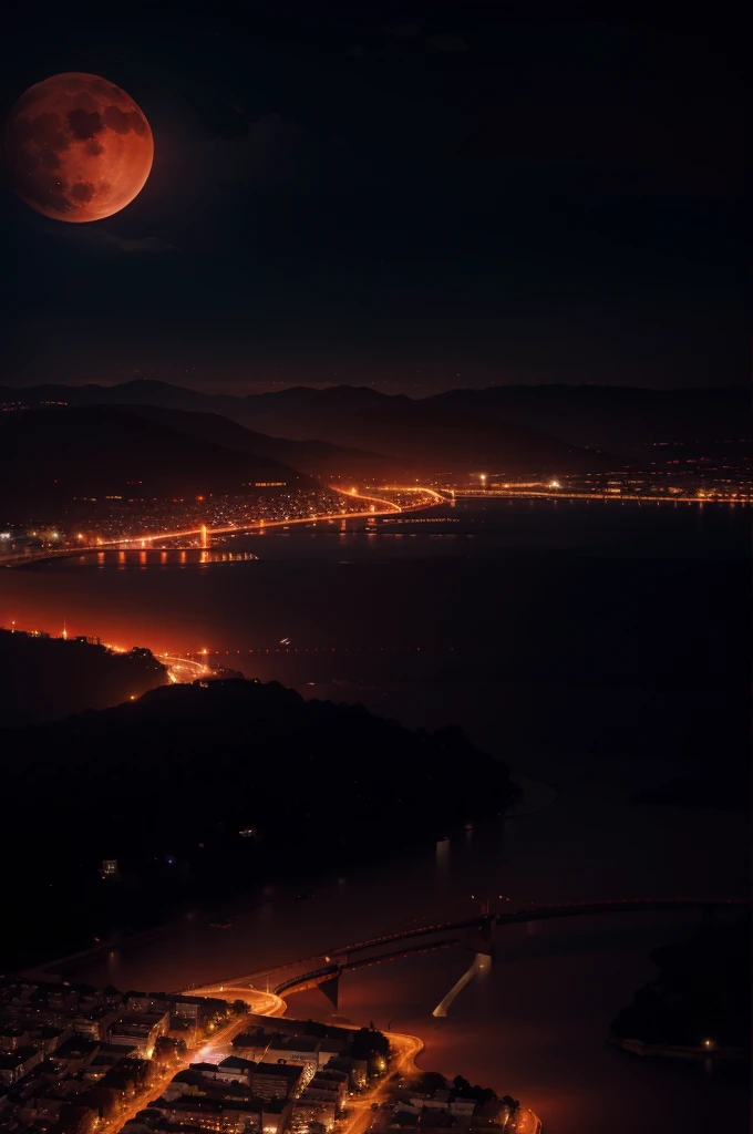 Dark night over the city, red moon, red moon with energy flow, energy tides, bad premonitions, scenery, do not want humans, there is energy flow, highly real, 4K, chiaroscuro, super high detail waiting to start