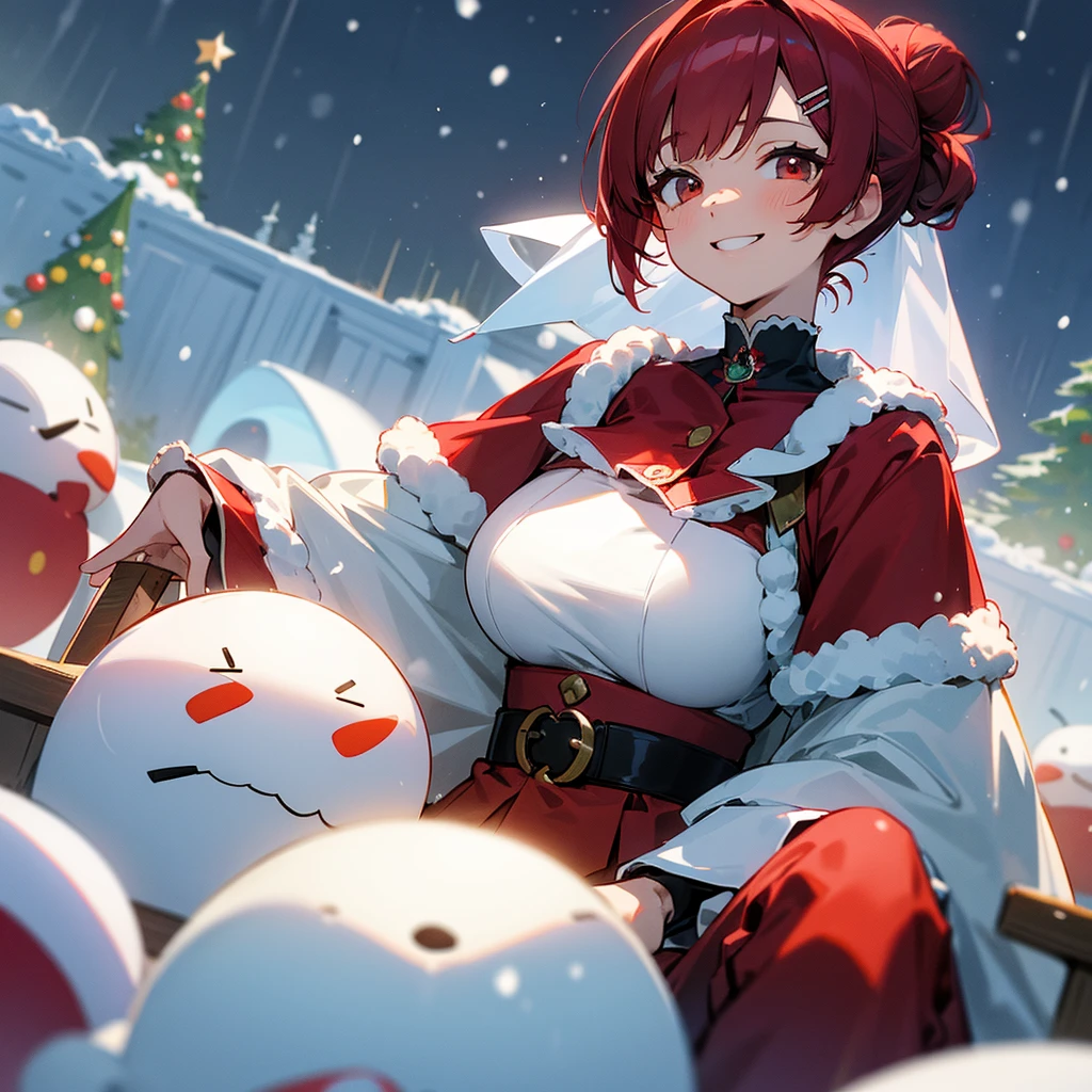 Houshou Marine、hololive、beauty woman、kawaii、Beautiful fece、The upper part of the body、short red hair and bob hairstyle:1.5, Hair tied in a bun with a hair clip, Red Eye, Glamour breasts、Looking at this、The best smile、grin、santa claus、Have a gift、It's snowing、Snowflake、Riding a sled、Lots of snowmen、Christmas tree