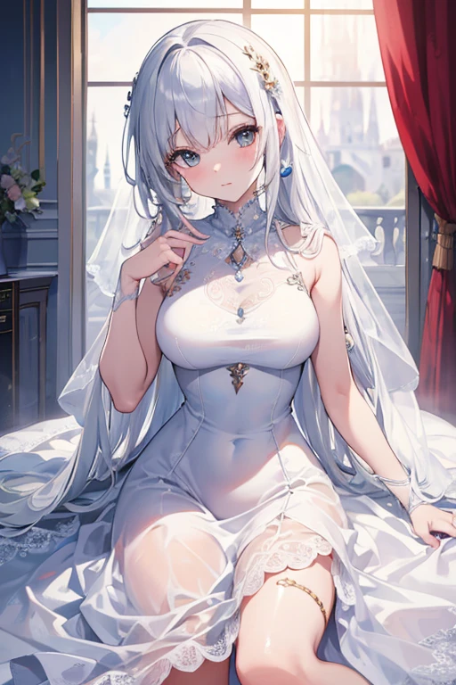 Browsing Caution,((1 male and 1 female,Have sex)),Riding on a naked man,Straddle,take over,Vagina Penis,(Highest quality,4K,8k,High resolution,Tabletop:1.2),Super detailed,beautiful girl,Charmed,Fascinating,Cheerfulness,Sacred,Magical Effects,Silvery white hair,E Blue Eyes,Pale Pink Wedding Dress,Bride's crown,A small amount of sky blue cloth,Sophisticated clothing,Fine lace,Delicate frills,Bedroom,One person,at night,Lace pantyhose,Sacred縞,Transparent costume,Jewelry decoration),nsfw, 1girl, medium breasts, nude, nipples, breasts, navel, long hair, cum, hetero, pussy, vaginal, sweat, sex, 1boy, penis,