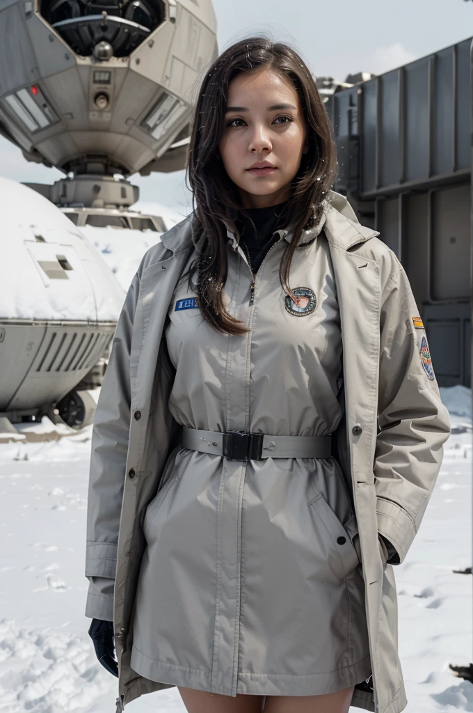 Science Fiction,Sci-Fi Movies,Artillery,Long-Range Missiles,Based on the Movie Foundation ,Woman,Adult,Protagonist,28 years old,hopeful face,brown eyes,short hairstyle,black hair with white gray,scientist uniform,white researcher coat,open meadow,rebel,chaotic,future world,world of socialism,snow,chaos