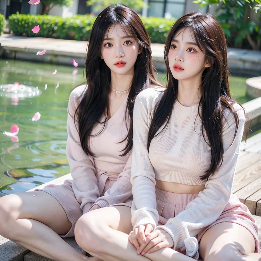 deux femmes ensemble de 18 ans sexy et mince , black short sleeve hoodie , dans un jardin de fleur, se touche,position sey,sensuel