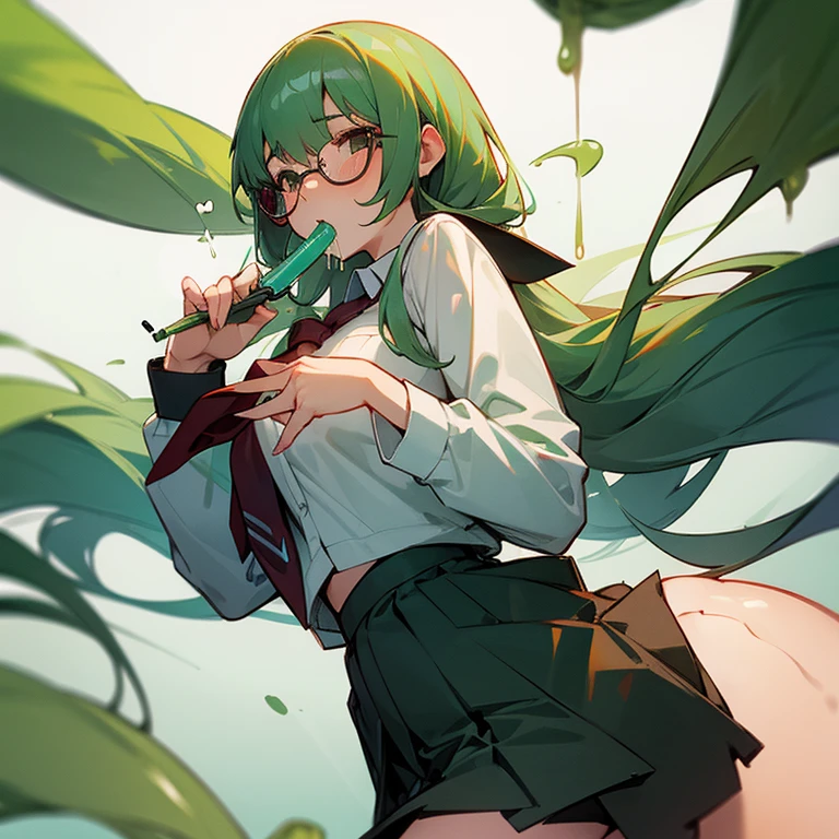 Big boba, girl, naked, green hair, school uniform, Vibrator, Bangs, Square glasses, sperm in mouth