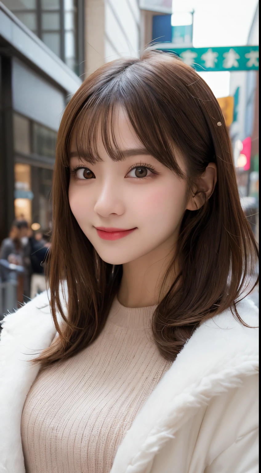 masutepiece, Best Quality, Illustration, Ultra-detailed, finely detail, hight resolution, 8K Wallpaper, Perfect dynamic composition, Beautiful detailed eyes, fluffy winter clothes,Medium Hair,Small breasts natural color lip, Bold sexy poses,Smile,Harajuku、20 years girl、Cute、Sexy shot looking at camera,Blur the background,Perfect and beautiful face,Take only the face,beautiful and detailed face