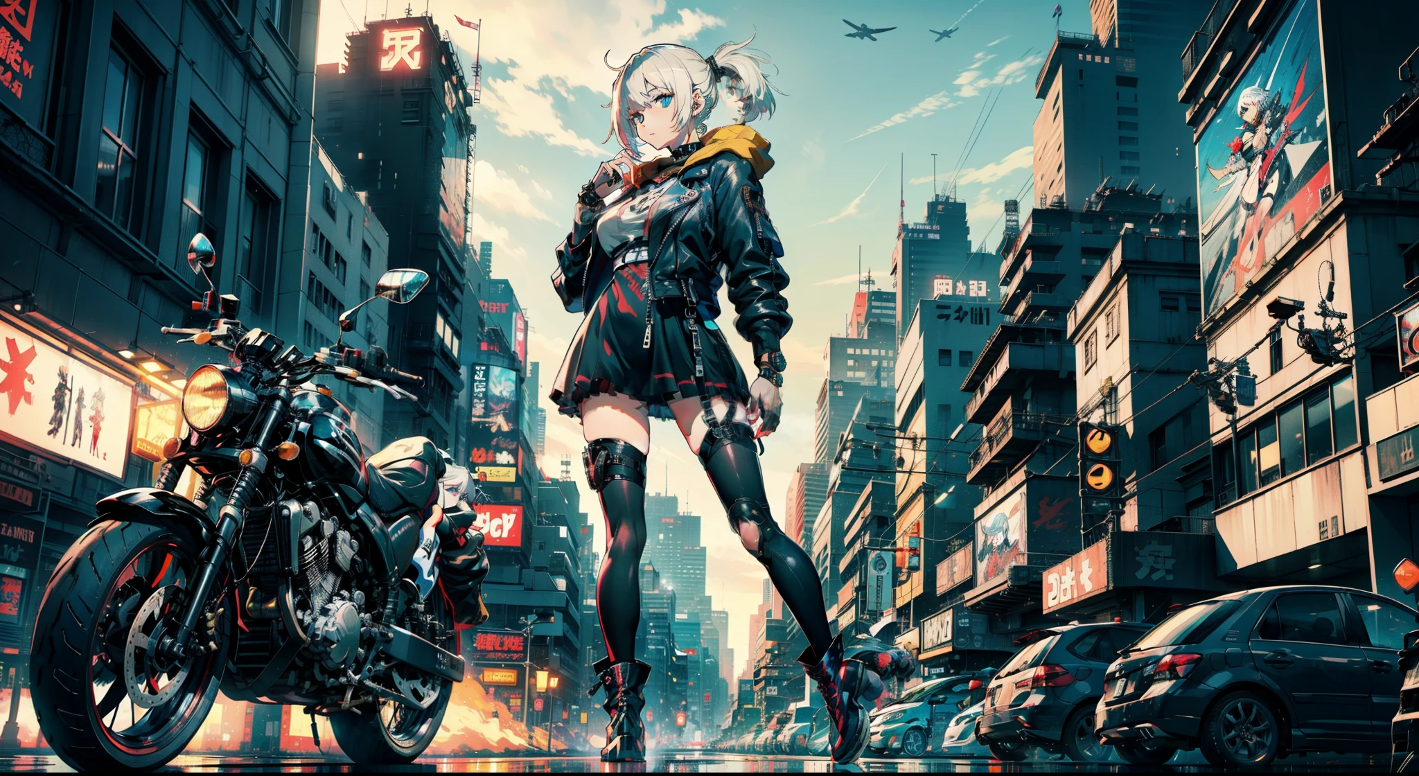 cyberpunked、girl with、mechanic、comical、Anime style、white  hair、motor bikes、Rider Jacket、punk coloring、sity、nightcity、A woman whose body was turned into a machine、group